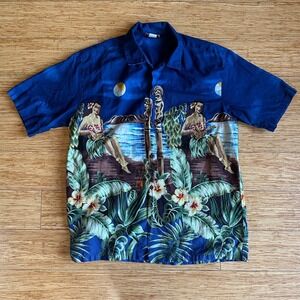 Vintage | Retro Blue Mens Hawaiian Aloha Tiki Vacation Shirt | Size XL
